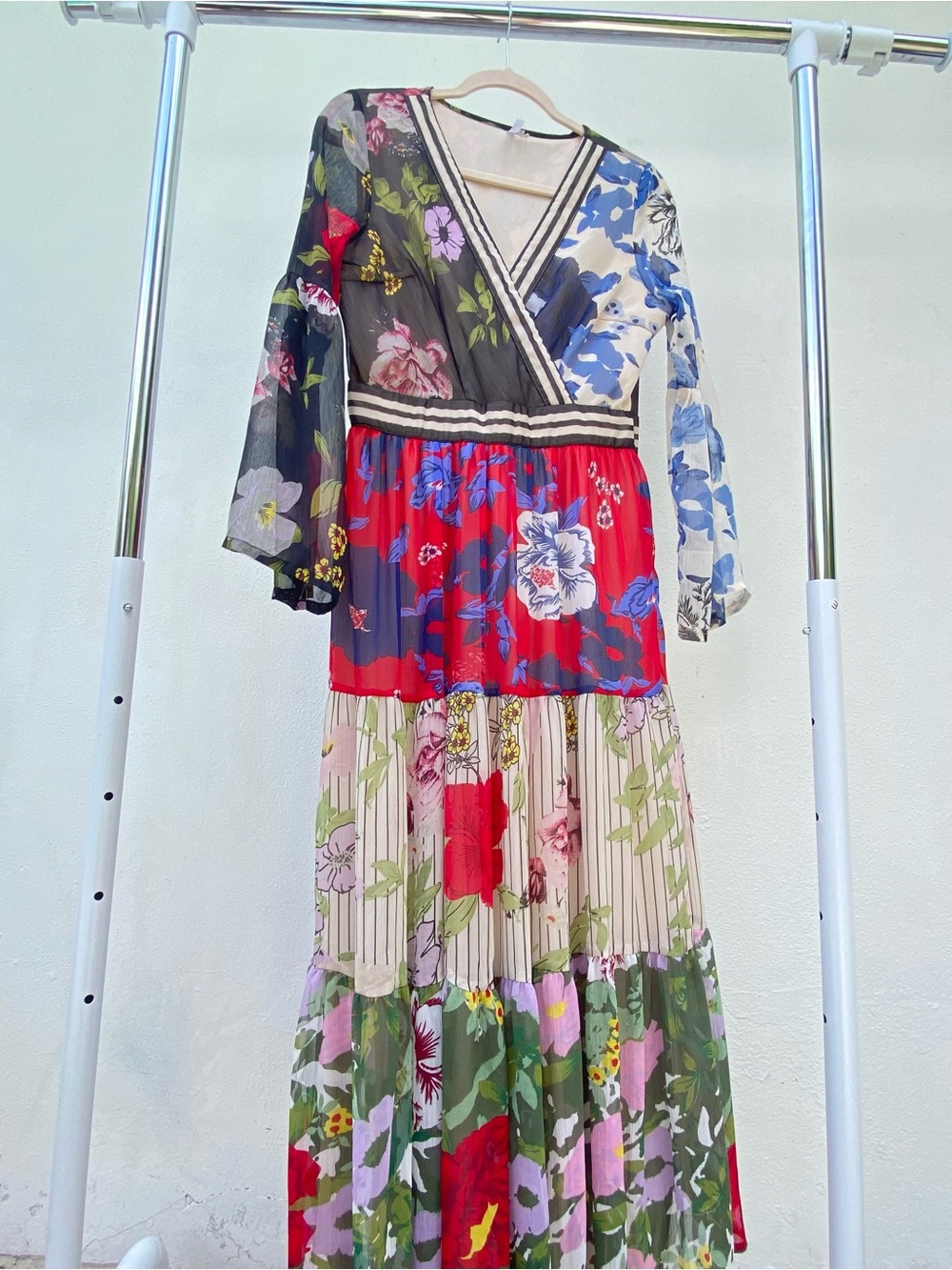 Kaktus Boho Floral Patchwork & Stripes Chiffon Maxi Dress Size Large